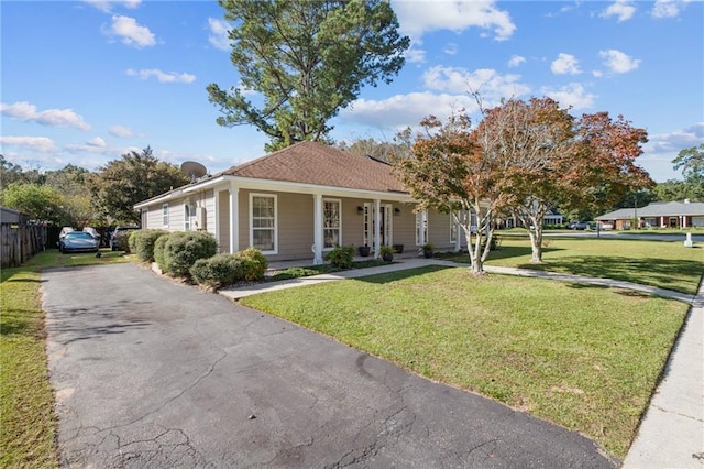 view of front of home with a front yard and covered porch