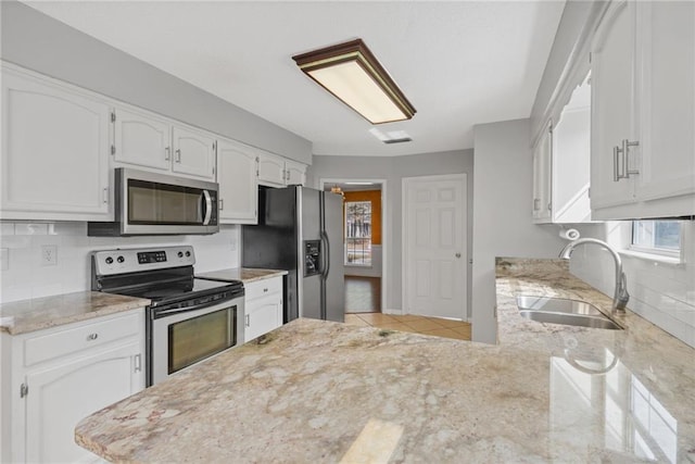 kitchen with stainless steel appliances, white cabinetry, sink, and decorative backsplash