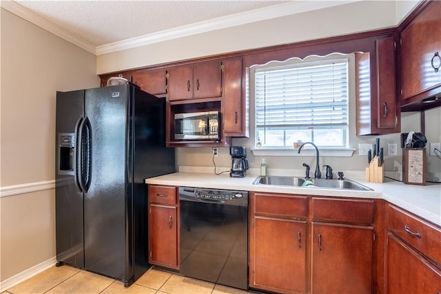 13330 Wages Ct, Mobile, AL 36695 - kitchen featuring black appliances, a sink, light countertops, light tile patterned floors, and crown molding