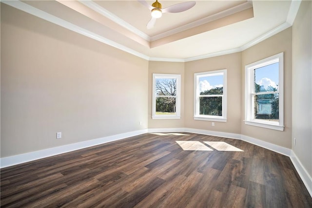 unfurnished room with a raised ceiling, ceiling fan, crown molding, and dark hardwood / wood-style floors