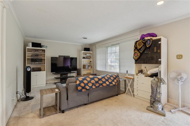 living area featuring carpet flooring, a textured ceiling, crown molding, and baseboards