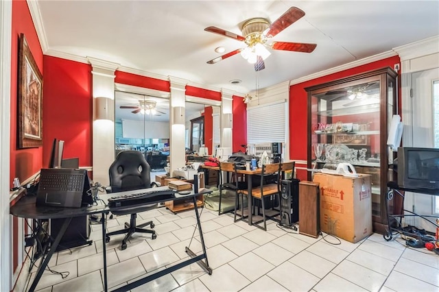 office area featuring crown molding, a ceiling fan, and tile patterned floors