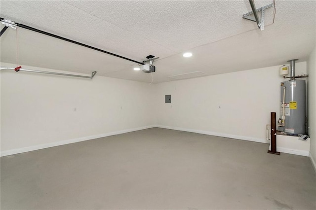 garage with water heater, baseboards, and a garage door opener