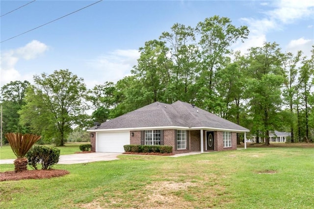 single story home featuring brick siding, driveway, a garage, and a front yard