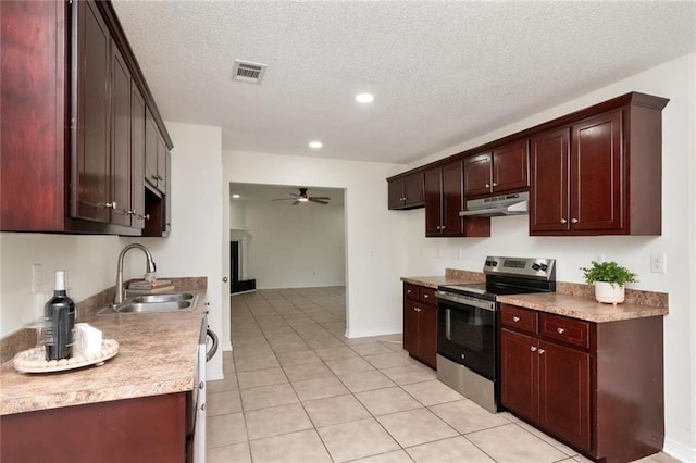 kitchen with visible vents, a sink, a ceiling fan, under cabinet range hood, and stainless steel electric range