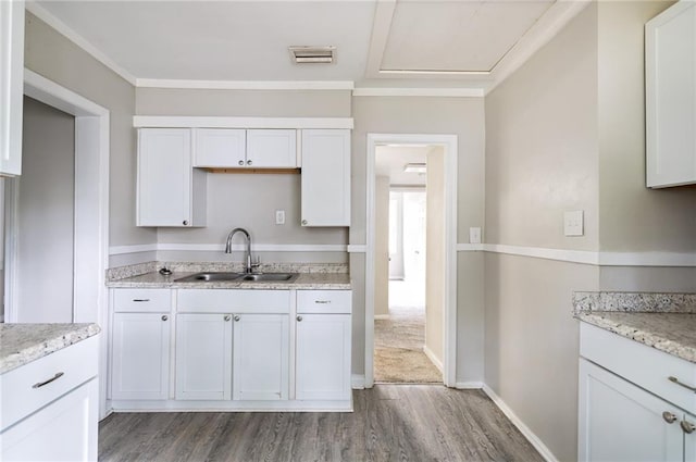 kitchen featuring sink, white cabinetry, carpet flooring, and light stone counters