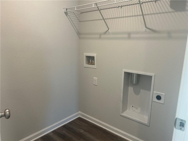 laundry area featuring hookup for an electric dryer, baseboards, hookup for a washing machine, dark wood-style flooring, and laundry area