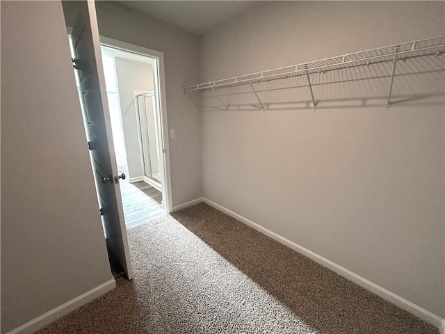 spacious closet featuring dark colored carpet