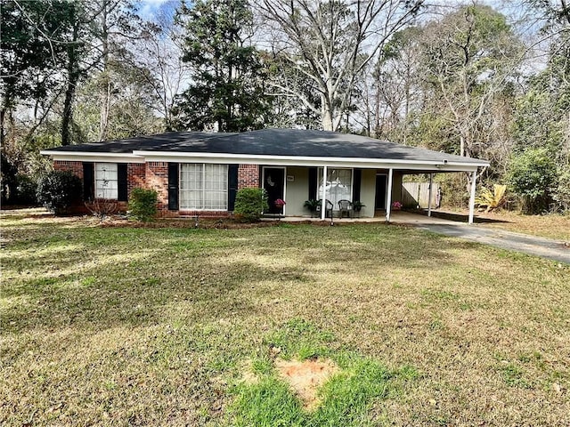 single story home with a carport and a front lawn