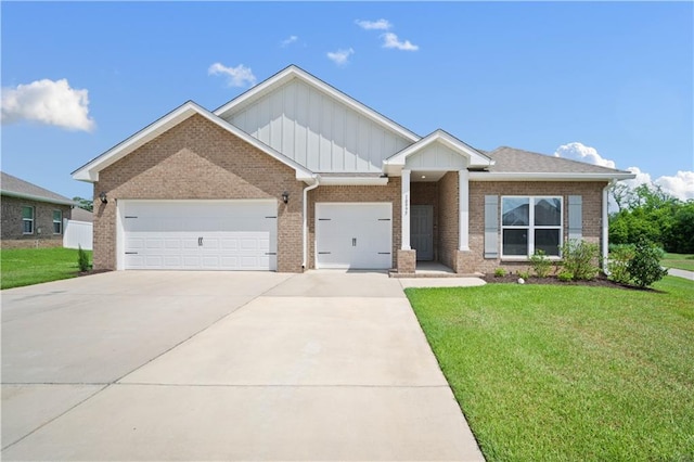 view of front facade featuring concrete driveway, a front lawn, an attached garage, and board and batten siding
