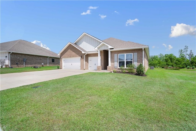view of front facade featuring concrete driveway, a front lawn, an attached garage, and brick siding