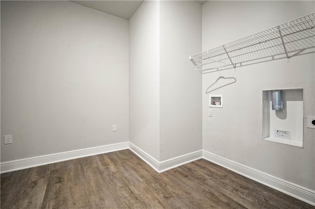 washroom with hookup for a washing machine, wood finished floors, laundry area, hookup for an electric dryer, and baseboards