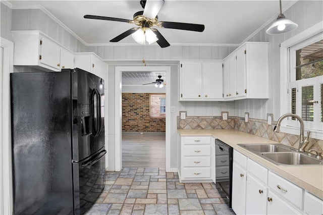 1215 Anchor Dr, Mobile, AL 36693 - kitchen with black appliances, a sink, a ceiling fan, crown molding, and white cabinetry