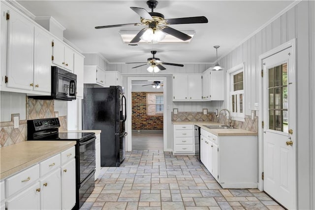 1215 Anchor Dr, Mobile, AL 36693 - kitchen with black appliances, a sink, a ceiling fan, backsplash, and light countertops