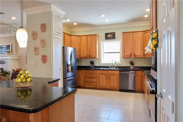 kitchen featuring appliances with stainless steel finishes, crown molding, light tile floors, pendant lighting, and ceiling fan