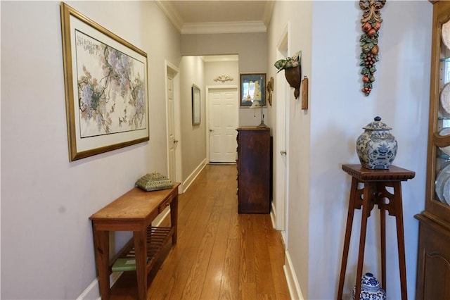 hallway featuring hardwood / wood-style flooring and crown molding