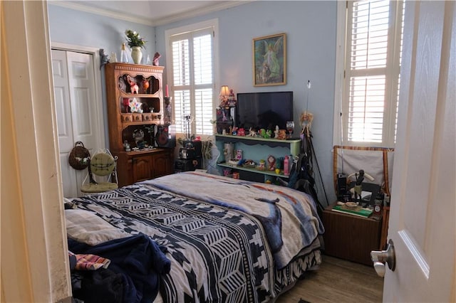 bedroom with crown molding, a closet, and hardwood / wood-style flooring