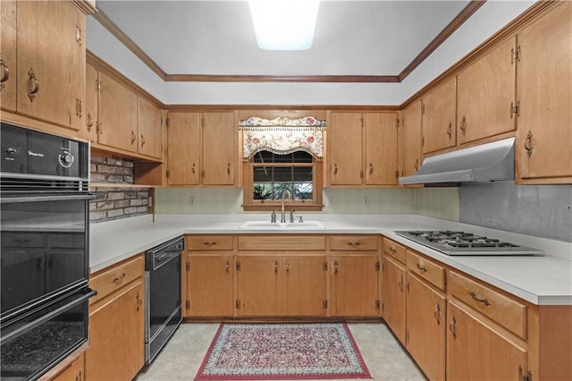 kitchen with decorative backsplash, sink, black appliances, and crown molding