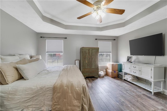 bedroom with hardwood / wood-style flooring, a raised ceiling, multiple windows, and ceiling fan