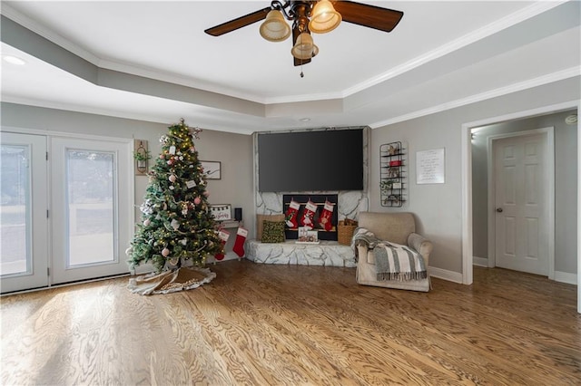 interior space with hardwood / wood-style flooring, a raised ceiling, and ornamental molding