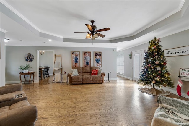 living room featuring crown molding, a tray ceiling, and light hardwood / wood-style flooring