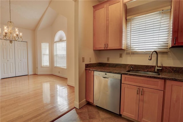 kitchen featuring pendant lighting, dishwasher, lofted ceiling, sink, and dark stone countertops