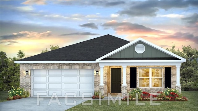 exterior space with board and batten siding, concrete driveway, brick siding, and an attached garage