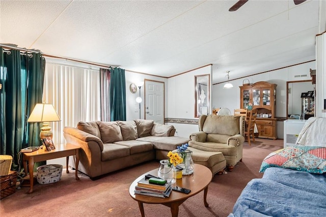 23700 Cumberland Rd, Robertsdale, AL 36567 - carpeted living room with a textured ceiling, a ceiling fan, and ornamental molding