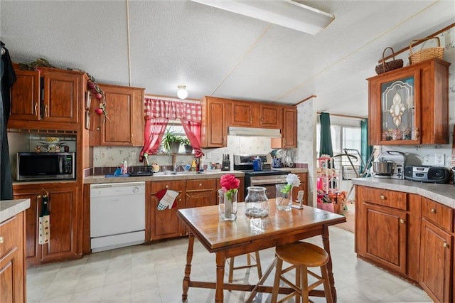 23700 Cumberland Rd, Robertsdale, AL 36567 - kitchen featuring brown cabinetry, appliances with stainless steel finishes, light countertops, and under cabinet range hood