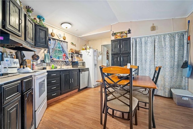 kitchen featuring light hardwood / wood-style floors, stainless steel appliances, ventilation hood, and vaulted ceiling