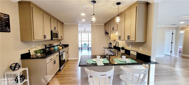 kitchen with light brown cabinetry, sink, appliances with stainless steel finishes, light wood-type flooring, and ornamental molding