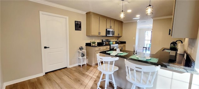 kitchen featuring crown molding, stainless steel appliances, pendant lighting, and light hardwood / wood-style floors