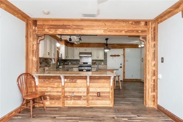 kitchen featuring hanging light fixtures, hardwood / wood-style flooring, stainless steel range, and kitchen peninsula