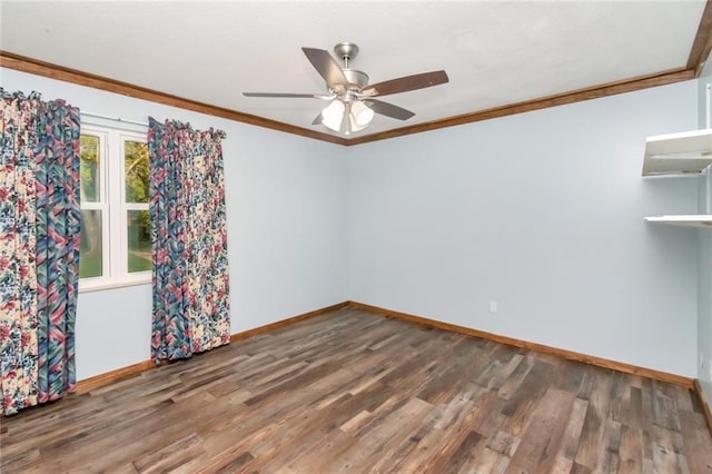 spare room with wood-type flooring, ornamental molding, and ceiling fan