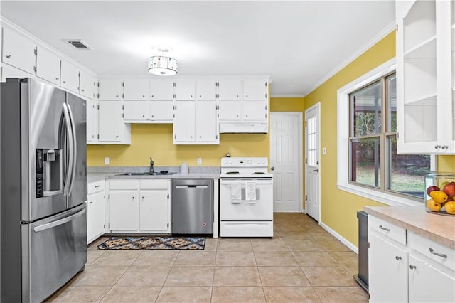 kitchen with stainless steel appliances, crown molding, sink, and white cabinets