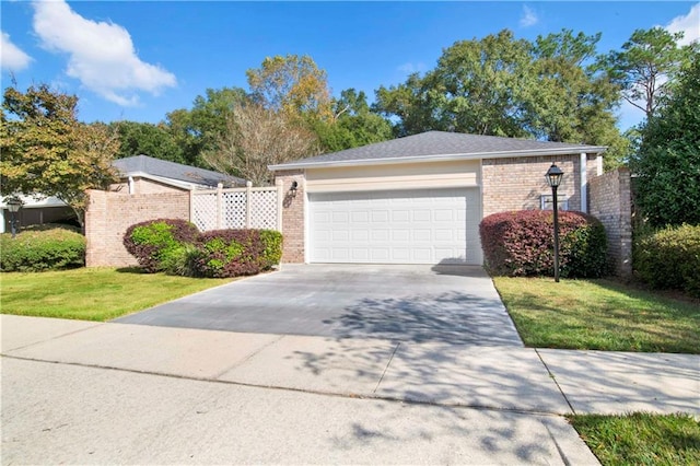 single story home with a front yard and a garage