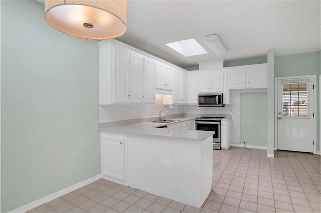 kitchen featuring kitchen peninsula, white cabinets, stainless steel appliances, and sink