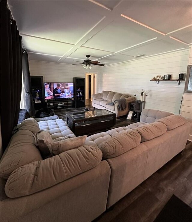 2911 Thornhill Dr, Mobile, AL 36606 - living room with wood finished floors, coffered ceiling, wood walls, and a ceiling fan