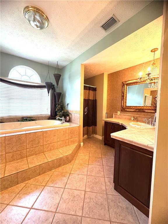 14522 St Stephens Ave, Chatom, AL 36518 - bathroom with a garden tub, tile patterned floors, visible vents, vanity, and a textured ceiling