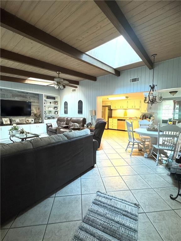14522 St Stephens Ave, Chatom, AL 36518 - living room featuring a ceiling fan, wood walls, tile patterned flooring, beam ceiling, and visible vents