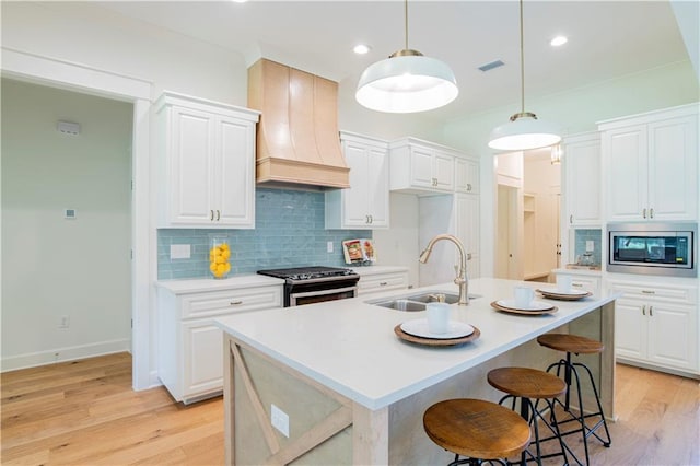 305 Hannah Chase Way, Satsuma, AL 36572 - kitchen featuring a sink, stainless steel appliances, premium range hood, backsplash, and light wood-style flooring