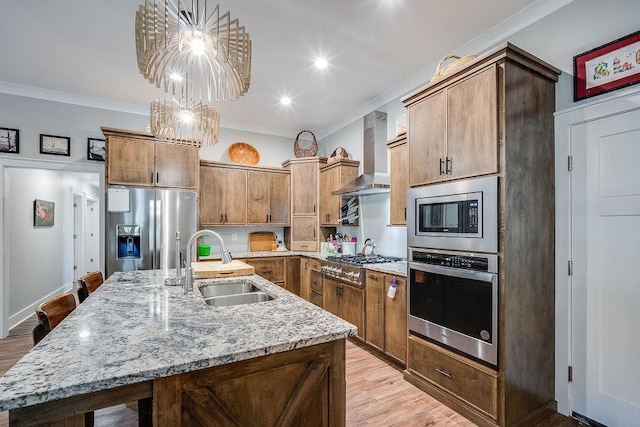 7420 Pake Rd, Saraland, AL 36571 - kitchen with wall chimney range hood, a sink, ornamental molding, and appliances with stainless steel finishes