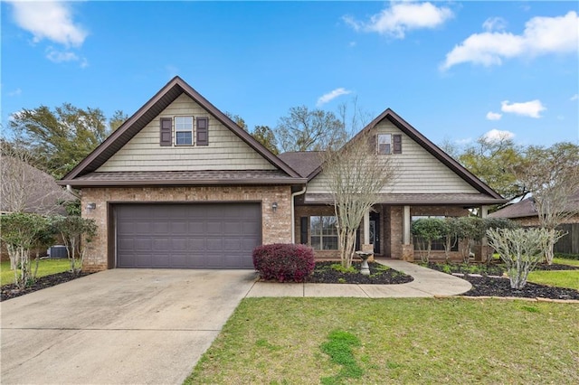 view of front of property featuring central AC, a front yard, and a garage