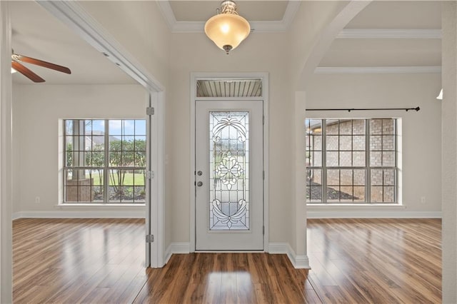 foyer entrance featuring crown molding, dark hardwood / wood-style floors, and ceiling fan