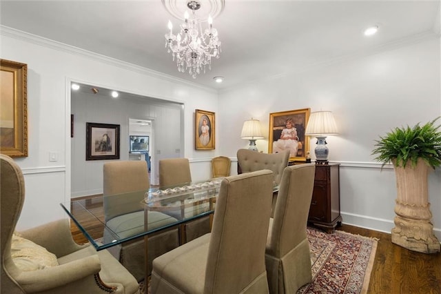65 Byrnes Blvd, Mobile, AL 36608 - dining room featuring dark wood-style floors, baseboards, a chandelier, crown molding, and recessed lighting