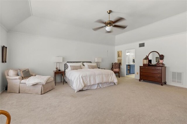 65 Byrnes Blvd, Mobile, AL 36608 - bedroom with light colored carpet, a tray ceiling, vaulted ceiling, a ceiling fan, and ensuite bathroom