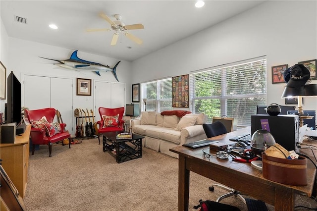 65 Byrnes Blvd, Mobile, AL 36608 - living room featuring carpet, a desk, ceiling fan, and recessed lighting
