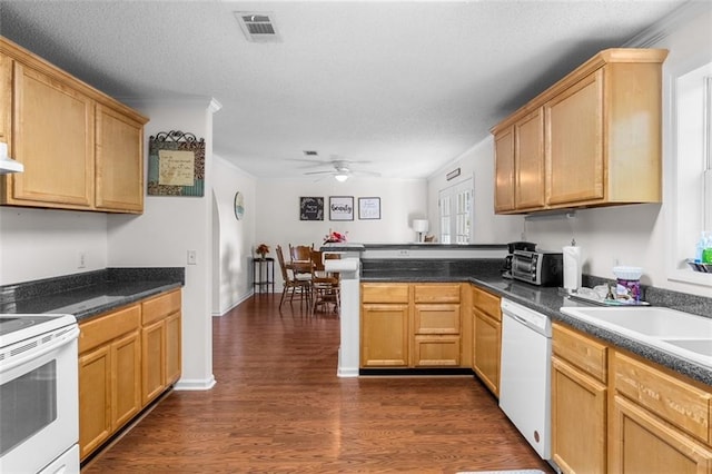 kitchen featuring white appliances, kitchen peninsula, dark hardwood / wood-style flooring, and ceiling fan