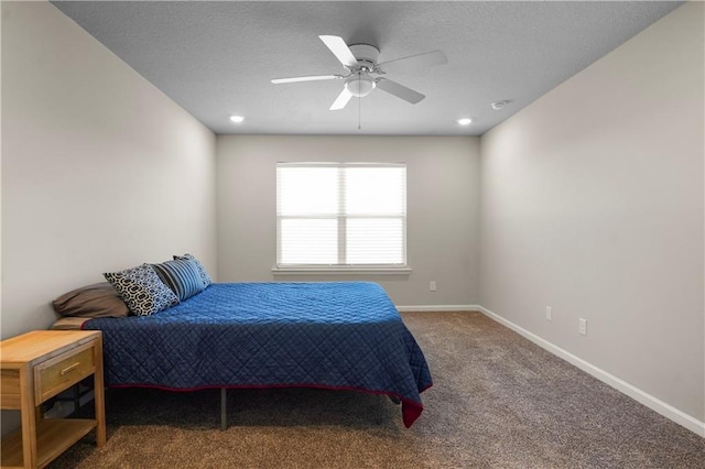 bedroom featuring ceiling fan, recessed lighting, carpet flooring, and baseboards