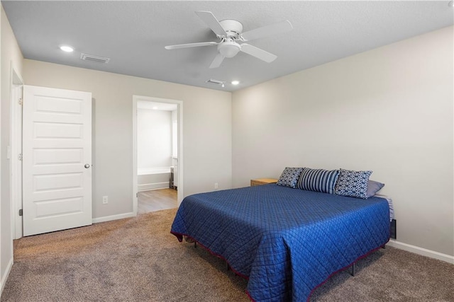 bedroom featuring carpet floors, baseboards, visible vents, and recessed lighting